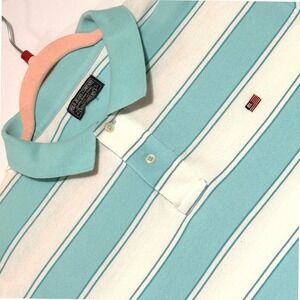 Vintage Polo Jeans Co Ralph Lauren Mens L Teal White Striped Mesh Polo Shirt